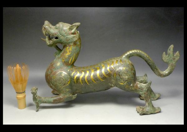 緑屋】中国*青銅器*象嵌入*麒麟*置物/幅34cm*オブジェ*飾り*c(銅製