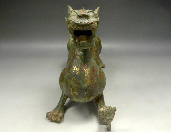 緑屋】中国*青銅器*象嵌入*麒麟*置物/幅34cm*オブジェ*飾り*c(銅製