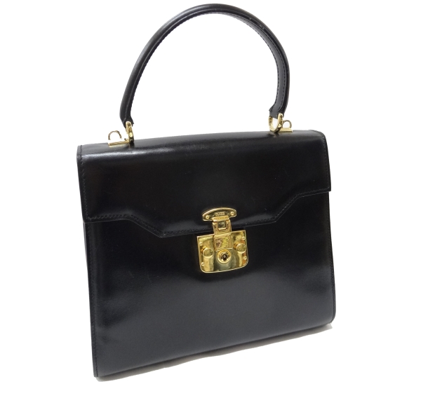グッチ フォーマル ハンドバッグ 黒 レザー ケリー型 カーフ高級