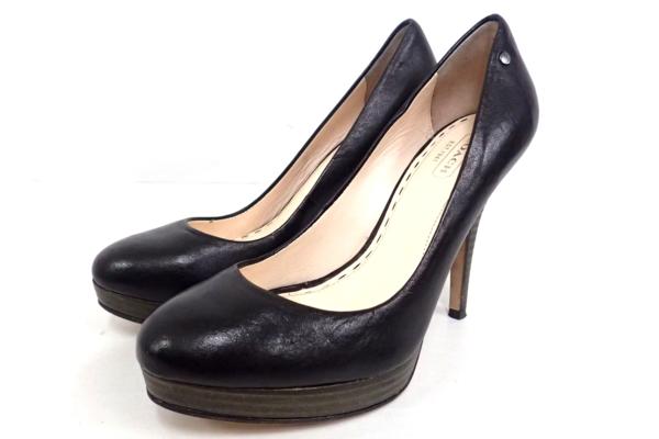 極美◆COACH コーチ レザーウッドヒールパンプス 6Ｂ 黒