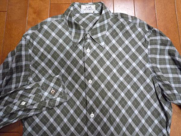 HERMESエルメス★仏製セリエボタン麻100％チェック柄長袖シャツ