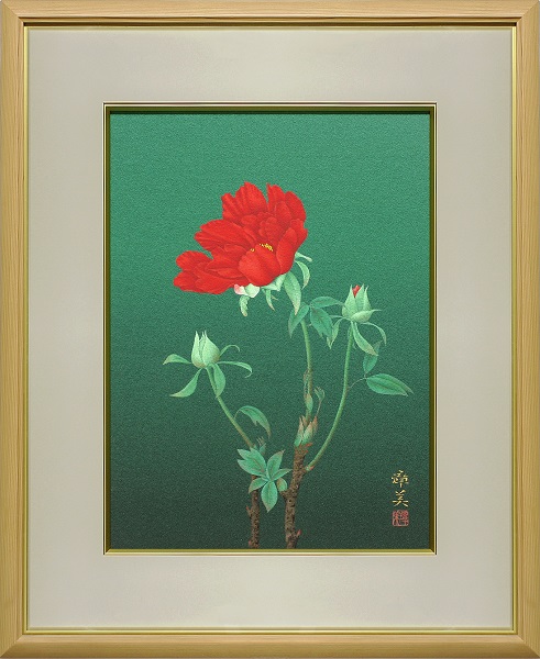 池内璋美 寒牡丹 紙本彩色 8号 日本画 花 写実絵画 師：堂本印象(花鳥