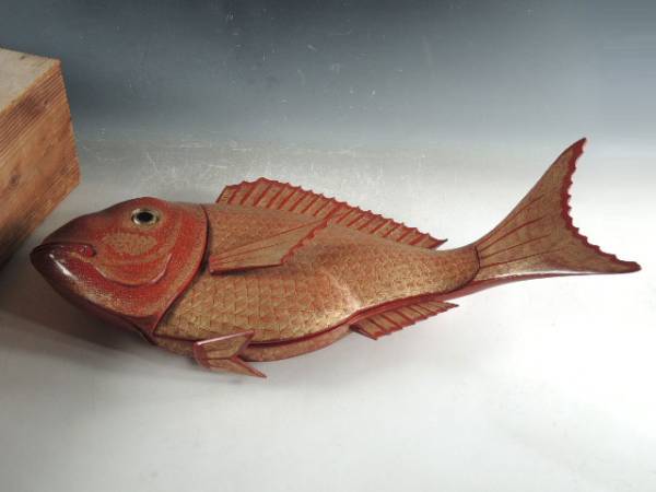 ◆栄◆時代 輪島 金蒔絵 木製 大鯛 大菓子器 67cm 時代箱 50a205