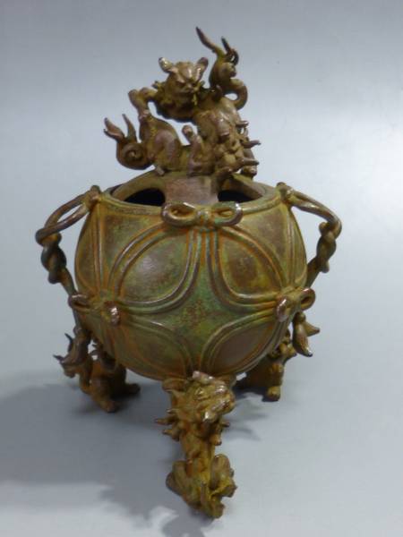 □高岡銅器 蝋型 獅子 香炉 万右衛門作 共箱□