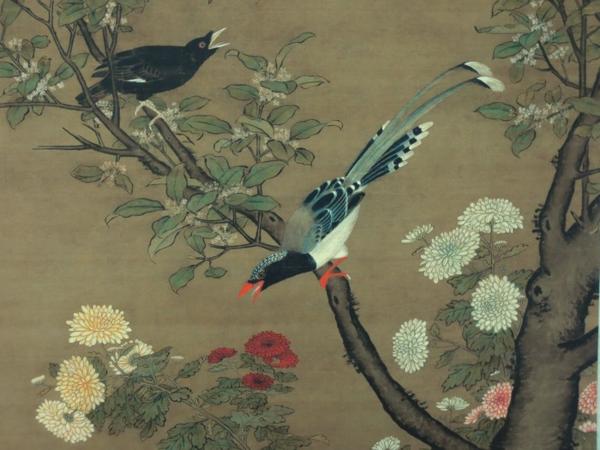 綺麗【9月「桂菊山禽図」 呂紀 作 絹本 掛軸 トップアート社】 淘宝