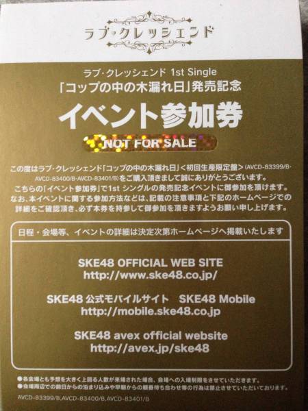 SKE48 コップの中の木漏れ日 全国握手券15枚
