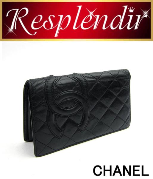 シャネル カンボンライン 黒×黒　長財布