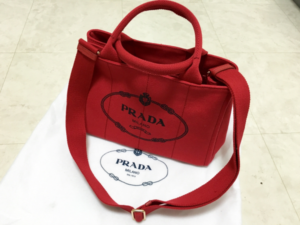 新品】プラダ カナパ ミニ S 赤 ショルダー付き 2way ,＊知人から 