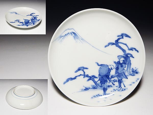 【桃】古平戸染付東海道五十三次富士見の図皿