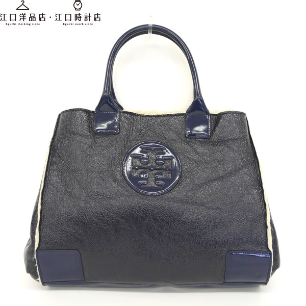 1円美品[トリーバーチ] ムートン×エナメル トート バッグ 紺