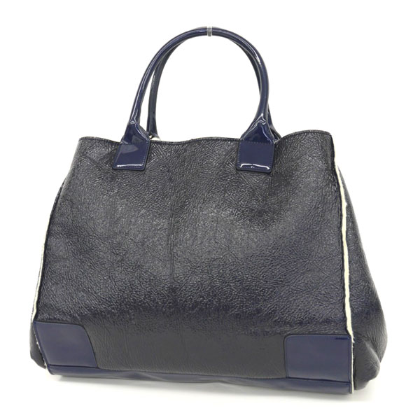 1円美品[トリーバーチ] ムートン×エナメル トート バッグ 紺