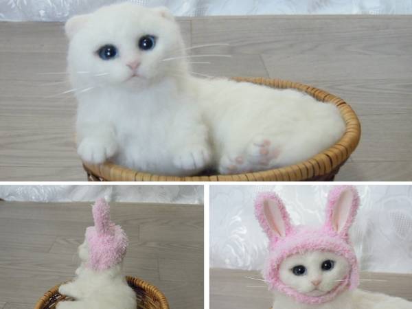 羊毛フェルト　猫　ハンドメイド　スコティッシュ白猫　送料込み