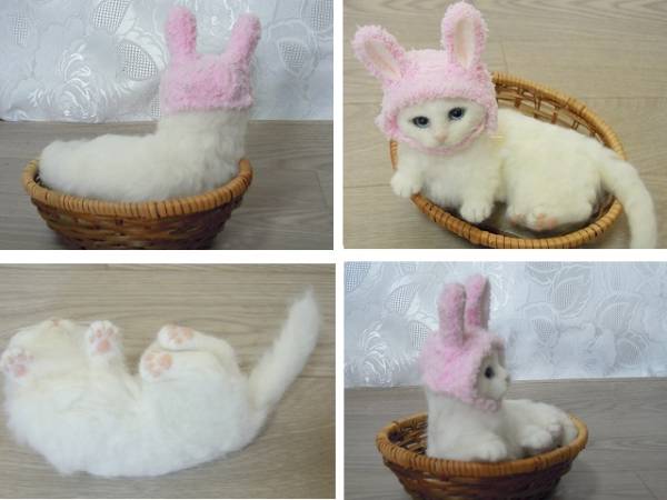 羊毛フェルト　猫　ハンドメイド　スコティッシュ白猫　送料込み
