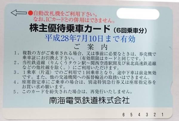 南海電鉄　株主優待乗車カード②　◆送料無料◆