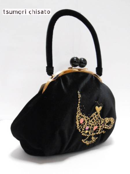 1000円～ツモリチサトベルベットがま口バッグ黒4TB-14