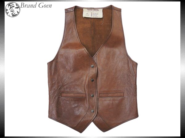 [ミュウミュウ]MIUMIU レザー ジレ ベスト 38 ブラウン
