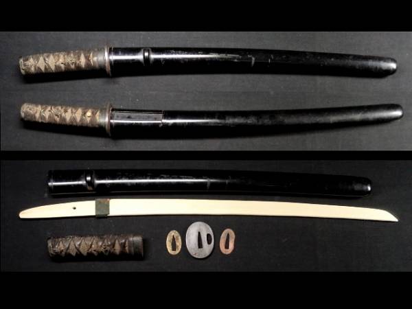 時代拵え④日本刀装具/脇差用/漆塗鞘/赤銅縁に角頭/鉄地小鍔