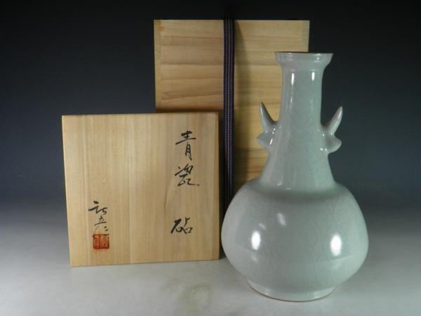 【大景】渡部秋彦 作 青瓷耳付花入 共箱