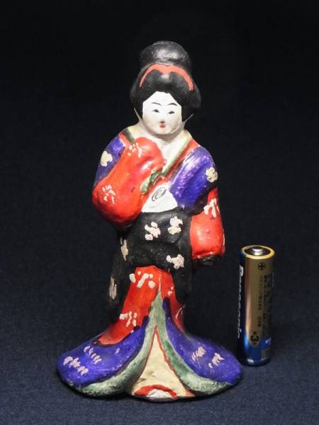 ■戦前郷土玩具49 土人形 花魁・遊女 14cm/着物美人/古い民芸品