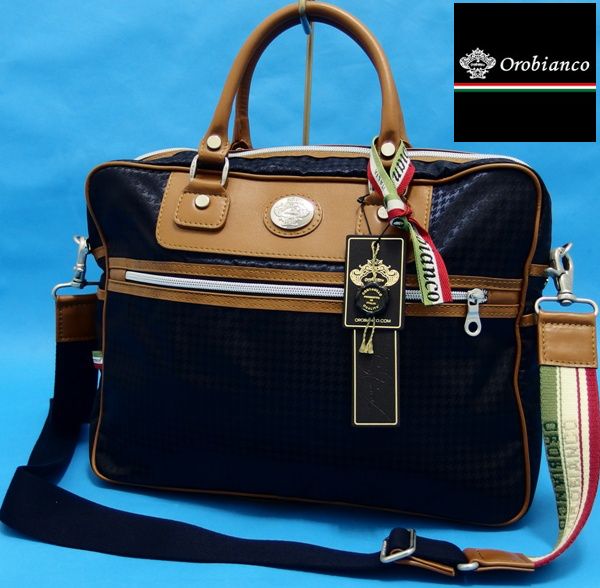 新品5.3万☆オロビアンコ 本革×シャドー千鳥 ビジネスバッグ紺 ◇