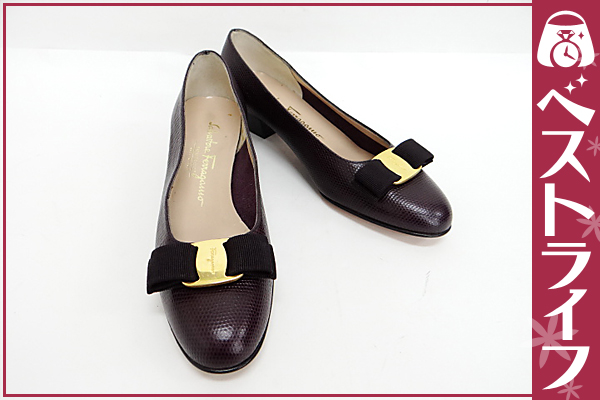 1円 フェラガモ ヴァラリボン 型押しレザー パンプス 6C 靴