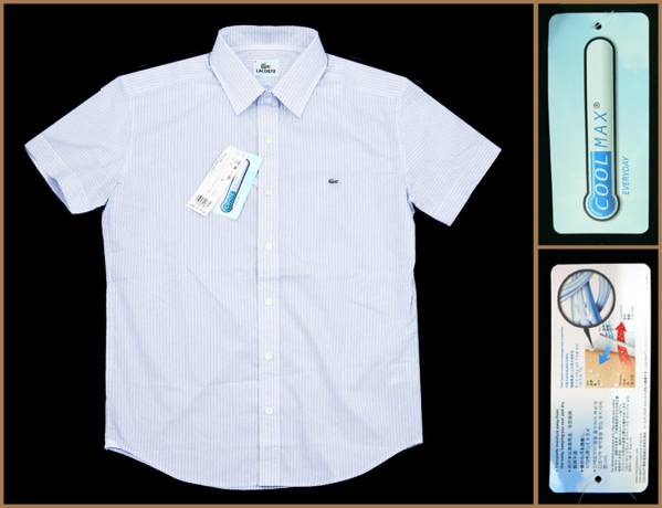 ラコステLACOSTE 銀ワニ半袖シャツストライプ■COOLMAXブルー3/M