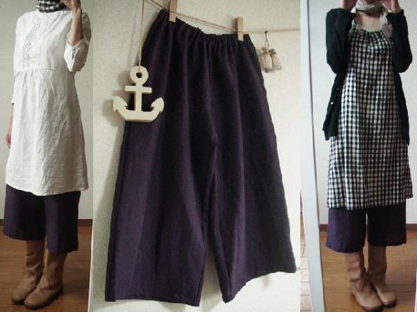 ハンドメイド：リネン100% 紫色 グレープ色 端丈パンツ ：