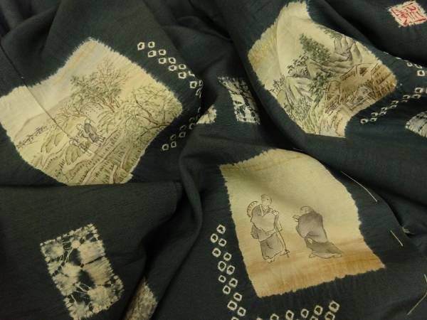 ★絞りに手描き風景、等【作家物／正絹染織紬訪問着未】