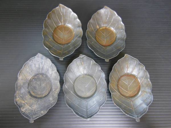 うぶ品　煎茶道具　古錫葉形茶托五客