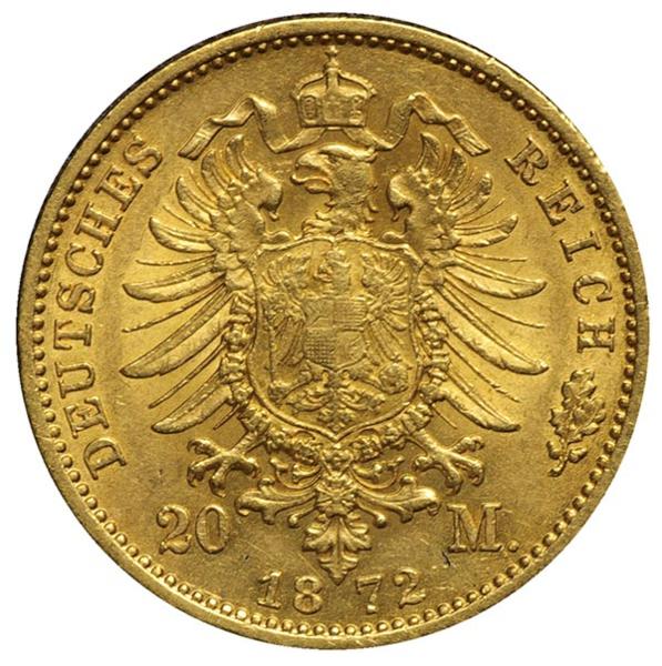 ドイツ・プロシア　20マルク金貨　1872C　極美　ヴィルヘルム1世
