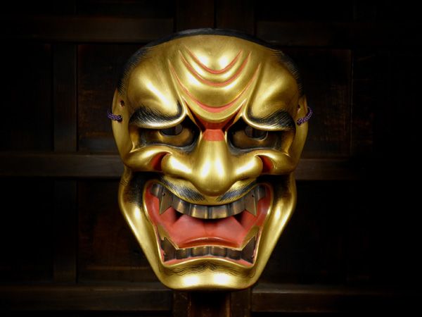 桜】木彫面 能面 獅子口 在銘/神楽 伎楽 雅楽 狂言 舞楽 郷土