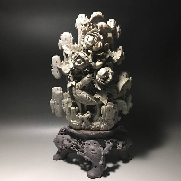 中国美術 寿山石 細密花鳥彫 彫刻 飾石 蝋石 銘石 置物 高さ42cm