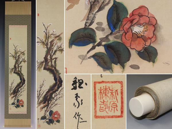 税込●希少!【肉筆】柴原魏象【桜と椿】●絹本●掛軸