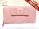 プラダ 長財布 美品 1M0506 ピンク ラウンドファスナー/リボン