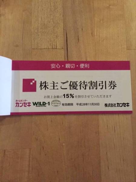 カンセキ　株主優待券　1枚　15％割引券　普通郵便送料無料　1_1