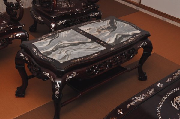 民芸花梨螺鈿細工製作中古テーブルセット 中国骨董 花梨 螺鈿細工 椅子＆大理石テーブル 応接4点セット(応接