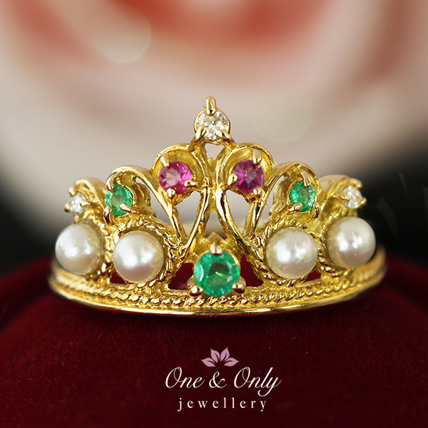 パール・ルビー・エメラルド・ダイヤ ティアラK18リング/鑑別付