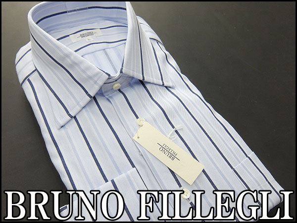 新品ブルーノフィレッツェリ ストライプドレスシャツL青★I15125