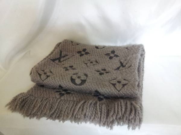 1円 ルイヴィトン マフラー エシャルプ ロゴマニア グレー USED