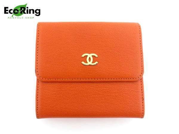 1円 シャネル ココマーク Wホック レザー 財布 オレンジ CK868