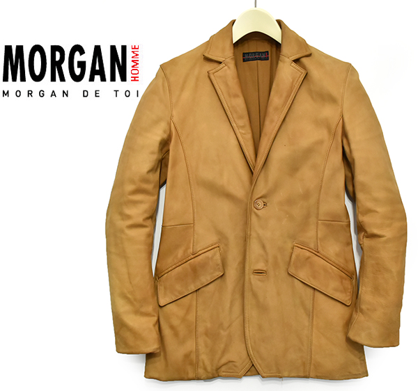 モルガンオム 牛革 加工 レザーテーラードジャケット/キャメル