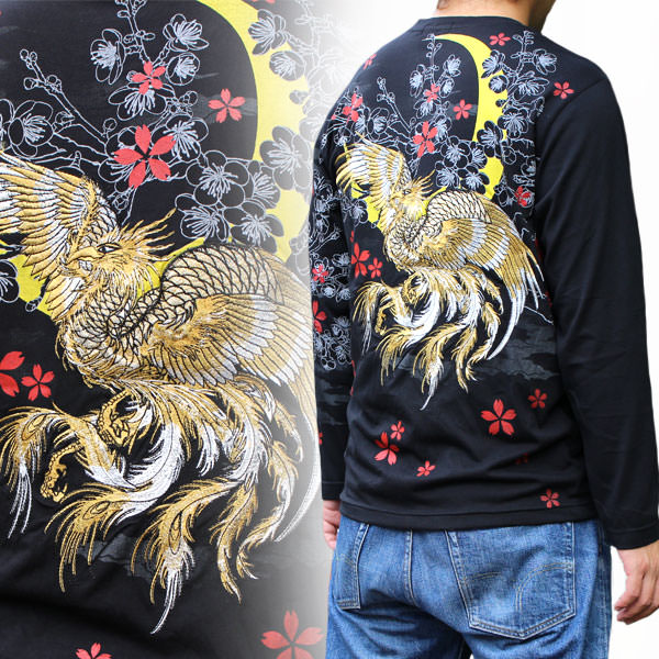 【T163-6】【和柄 ロンT】和柄刺繍長袖Tシャツ 金鳳凰刺繍黒L