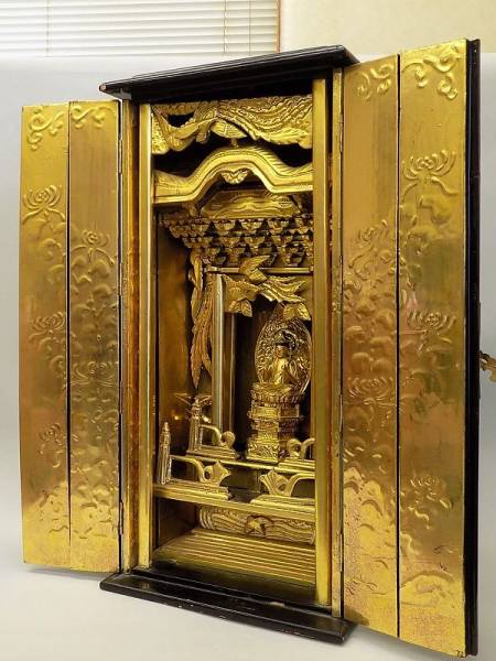 廃寺買取 時代物 厨子入り 仏像 木彫り 金箔 高62.3cm 仏教美術 2026年