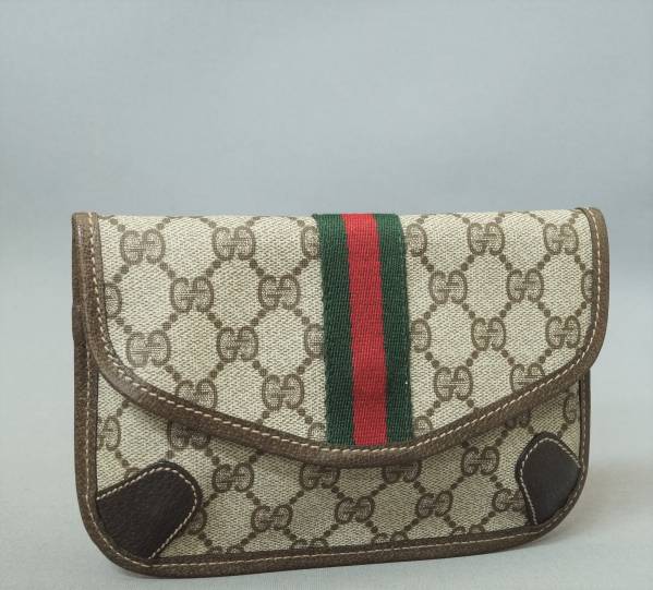 本物良品■グッチ■GG柄ベージュ/シェリーライン/ブラウンレザー■化粧ポーチ/小物入れ