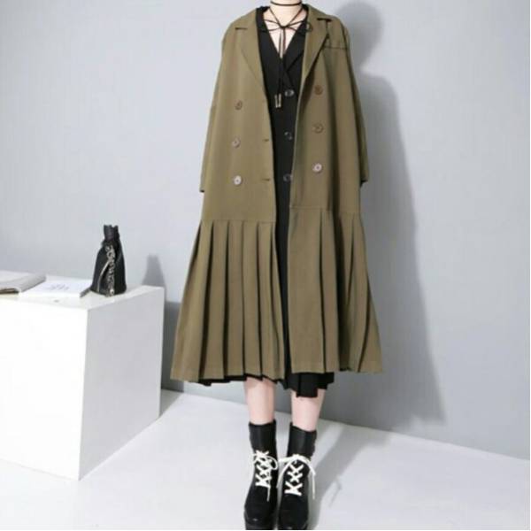 裾プリーツワンピースコートカーキ