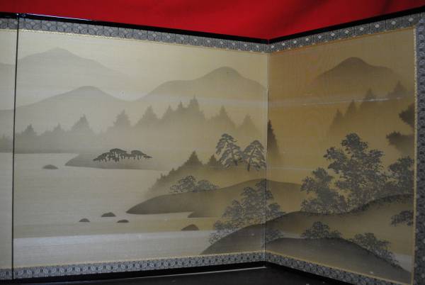 四曲屏風　絹しけ山水　１５号　高さ45ｃｍ