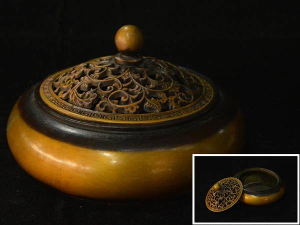一ノ瀬宗辰作 砂張銅 笹蟹蓋置 共布 共箱 茶道具/検煎茶鉄瓶風炉釜