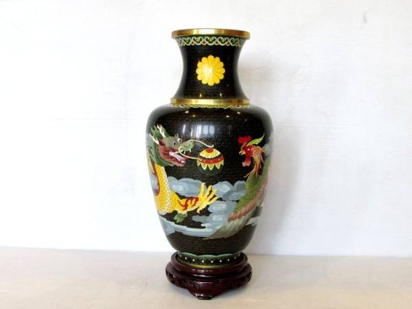 【集】 龍鳳凰文様　七宝焼花瓶　唐木台付