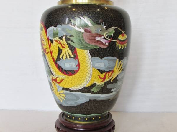 集】 龍鳳凰文様 七宝焼花瓶 唐木台付