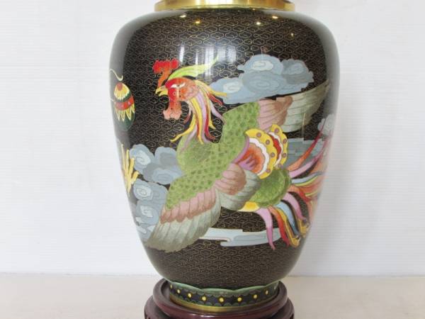集】 龍鳳凰文様 七宝焼花瓶 唐木台付